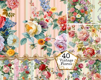 Può includere: Un collage di sei immagini con motivi floreali vintage in tonalità di rosa, bianco e verde. Le immagini sono disposte in una griglia e presentano una varietà di fiori, tra cui rose, margherite e gigli. Il testo "40 Vintage Floral" è sovrapposto alle immagini.