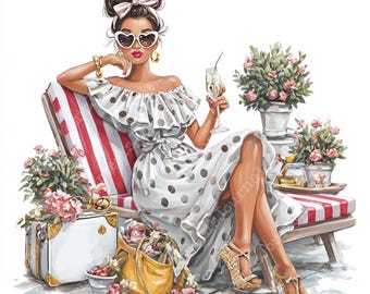 65 Riviera Holliday - Paquete de imágenes prediseñadas JPEG de acuarela, descarga instantánea, manualidades de papel, diario basura, álbumes de recortes