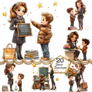 JPEG Acquerello Insegnante e Student Clipart Bundle Festa dell'insegnante Clipart Scuola Arte Download immediato Carta Artigianato Junk Journal Scrapbooking