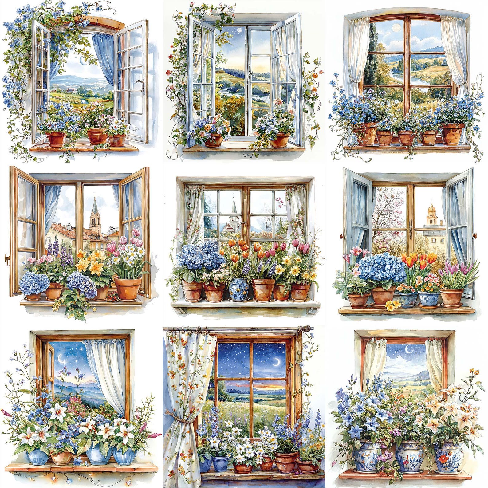 JPEG Watercolor Floral Window Clipart Bundle Spring Autumn Winter ...