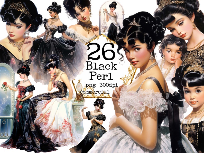 May include: A digital collage of 26 images featuring women with dark hair and elaborate hairstyles wearing various dresses and gowns. The images are set against a white background. The text "26 Black Perl .png 300dpi commercial" is visible in the center of the image.
