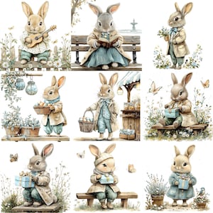 a painting of a rabbit sitting on a bench