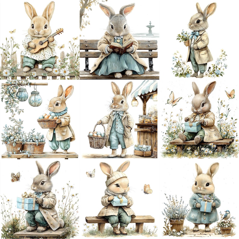 a painting of a rabbit sitting on a bench
