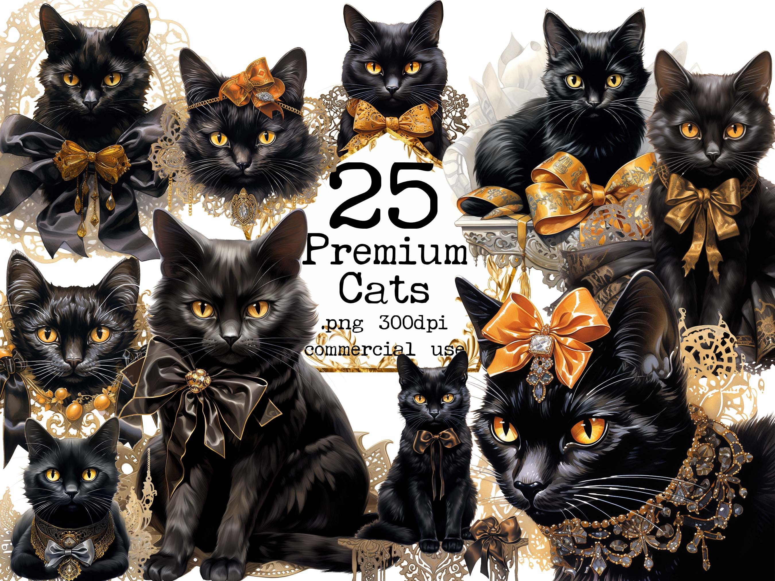 Black Cat Clipart Bundle PNG Halloween Clipart Watercolor PNG Format ...