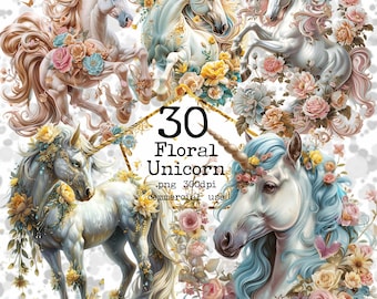 May include: A digital download of 30 floral unicorn illustrations. The unicorns are white with blue, pink, and yellow flowers. The text "30 Floral Unicorn .png 300dpi commercial use" is in the center of the image.