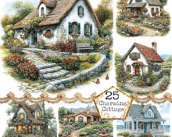 JPEG acuarela Cottage Clipart Bundle JPEG Village House Cottagecore Uso comercial Descarga instantánea Artesanías de papel Diario basura Scrapbooking