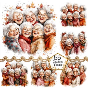 JPEG-aquarel oude dames samenkomen Instant Download grappige oude dames Commercieel gebruik Beste vrienden Papier ambachten Junk Journal Scrapbooking