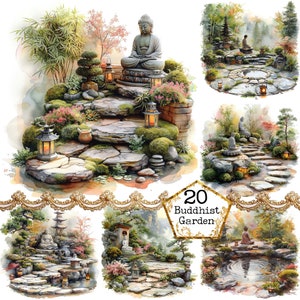 Aquarell buddhistischer Garten Clipart Bundle JPEG Sofortiger Download Kommerzielle Nutzung Zen Garten Blume JPEG Papier Handwerk Junk Journal Scrapbooking