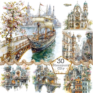 JPEG Steampunk Stadt Clipart Bundle Vintage Stadt Zug Station Clipart Kommerzielle Nutzung Sofort-Download Papier Handwerk Junk Journal Scrapbooking