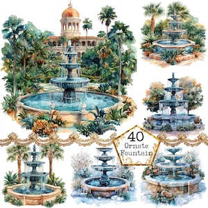 JPEG Watercolor Fountains Clipart Bundle Exotic Fountain Art Commercial Use Instant Download Paper Crafts Junk Journal Scrapbooking
