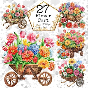 Garten Warenkorb Clipart Bündel Blumen Karren Frühling Clipart Kommerzielle Nutzung Floral Clipart Sofort-Download Papier Handwerk Junk Journal Scrapbooking
