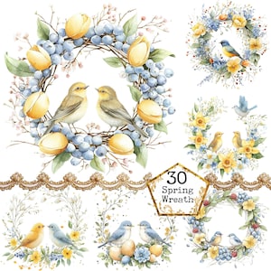 PNG + JPEG aquarelle oiseau couronne de cliparts Clipart printemps couronne de fleurs art téléchargement immédiat papier artisanat indésirable journal scrapbooking