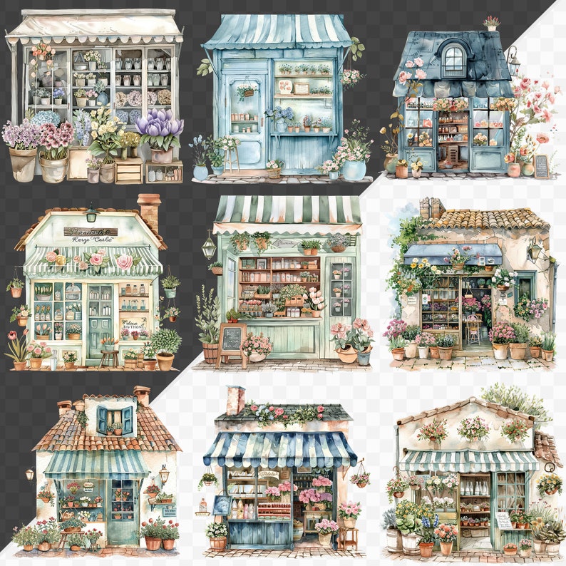 May include: Nine watercolor illustrations of charming flower shops with striped awnings, potted plants, and floral arrangements. Each shop has a unique design and features a variety of flowers and greenery.