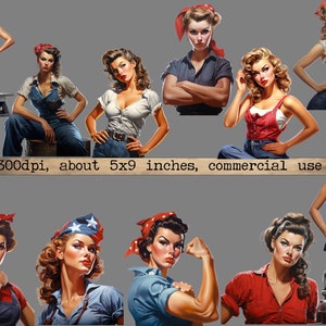Op de afbeelding: Een digitale collage van tien vrouwen die verschillende outfits dragen, waaronder denim overalls, rood-wit gestreepte shirts en een wit shirt met een rode bandana. De vrouwen lachen allemaal en kijken naar de camera. De afbeelding is 300 dpi en ongeveer 5x9 inch.  Commercieel gebruik.