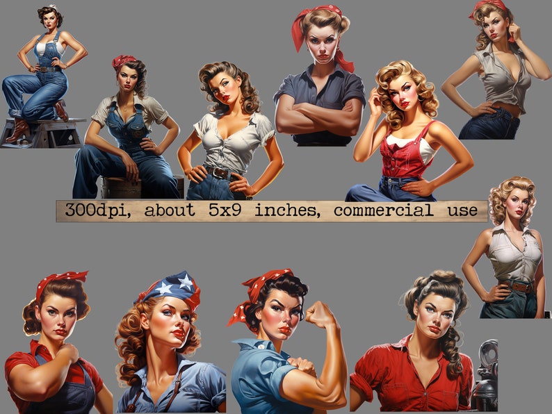 Op de afbeelding: Een digitale collage van tien vrouwen die verschillende outfits dragen, waaronder denim overalls, rood-wit gestreepte shirts en een wit shirt met een rode bandana. De vrouwen lachen allemaal en kijken naar de camera. De afbeelding is 300 dpi en ongeveer 5x9 inch.  Commercieel gebruik.