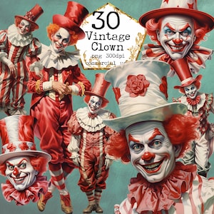 PNG Vintage Payaso Clipart Paquete Victoriano Payaso Circo Antiguo PNG Circo Imprimible Descarga Instantánea Papel Artesanía Junk Journal Scrapbooking
