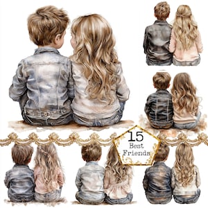 Paquete de imágenes prediseñadas de mejores amigos de niña y niño en acuarela JPEG Descarga instantánea de imágenes prediseñadas de amistad Manualidades con papel Diario basura Scrapbooking