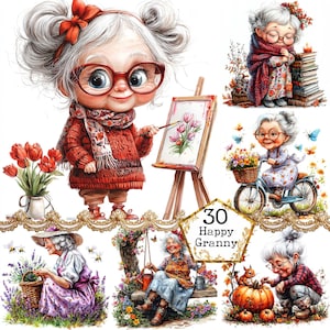 JPEG aquarelle printemps grand-mère Clipart Bundle drôle dame âgée mignonne grand-mère Clipart téléchargement immédiat papier artisanat indésirable journal Scrapbooking