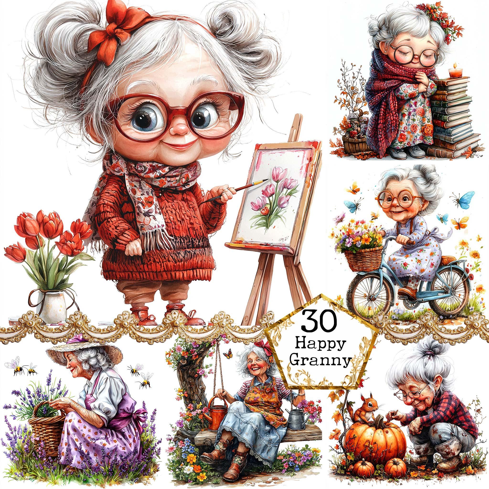 JPEG Watercolor Spring Granny Clipart Bundle Funny Elderly Lady Cute ...