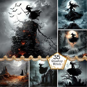 May include: A collage of five images featuring a ghostly witch flying through the air in different spooky settings. The witch is silhouetted against a full moon and dark skies. The images include a stone tower, a forest, a graveyard, and a desert landscape. The text "35 Ghostly Witch" is displayed in a gold pentagon.