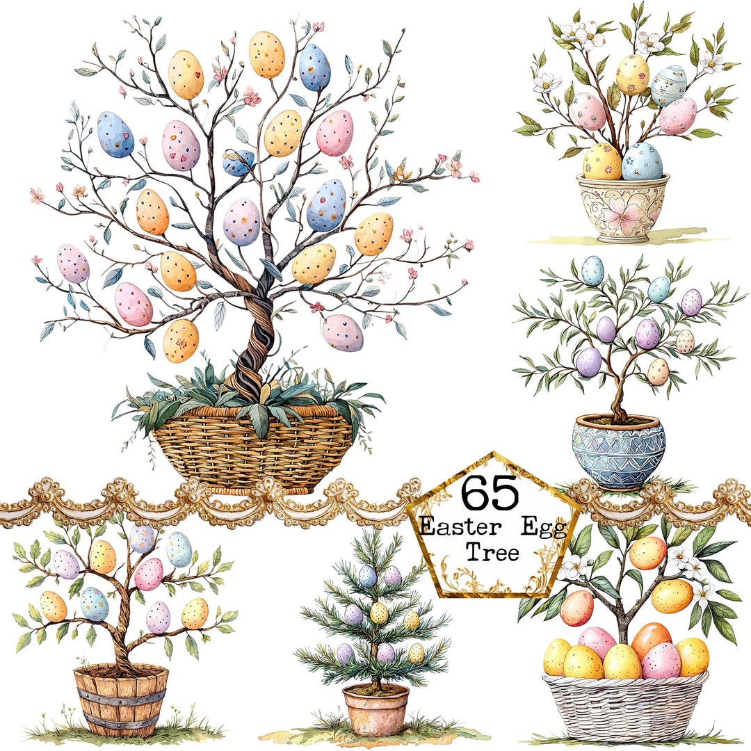 PNG + JPEG Watercolor Egg Tree Clipart Bundle Easter Egg Hanging on a ...