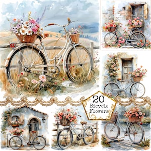 JPEG-fiets met bloemen in mand, landelijk landschap, clipartbundel JPEG direct downloaden, plakboek, junkjournaal, Paper Crafts-commercial