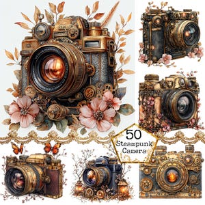Puede incluir: Un conjunto de 50 imágenes digitales con cámaras de estilo steampunk. Las cámaras están decoradas con engranajes, piñones y otros detalles intrincados. Las imágenes son perfectas para scrapbooking, creación de tarjetas y otros proyectos de manualidades.