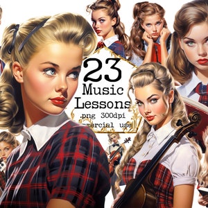 Retro Schoolgirl PNG, Back To School Clipart School Clipart Music PNG Lessons Clipart Junk Journal Scrapbooking Card Making Digital Ephemera