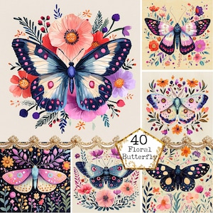 JPEG Floral Butterfly Graphics Spring Butterflies Folk Art Illustration Decor Clipart Instant Download Paper Craft Junk Journal Scrapbooking