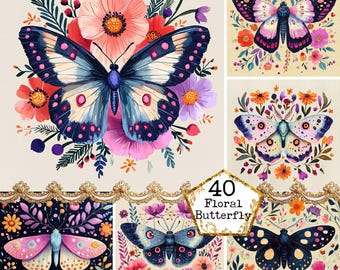 Gráficos de mariposas florales JPEG, mariposas de primavera, arte popular, ilustración, decoración, clipart, descarga instantánea, papel, manualidades, diario basura, scrapbooking