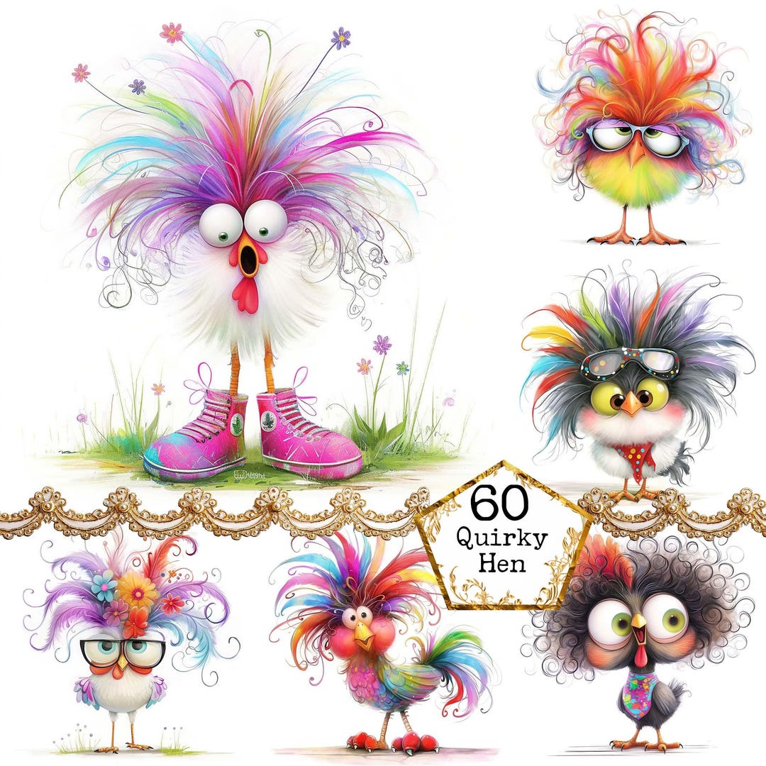 Whimsy Taglines JPEG Watercolor Quirky Hen Clipart Bundle Whimsical Chicken Funny Hen ...