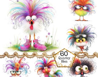 May include: A collection of six whimsical hen illustrations. Each hen features vibrant, colorful plumage and expressive eyes. One hen wears pink sneakers. The image includes the text "60 Quirky Hen".