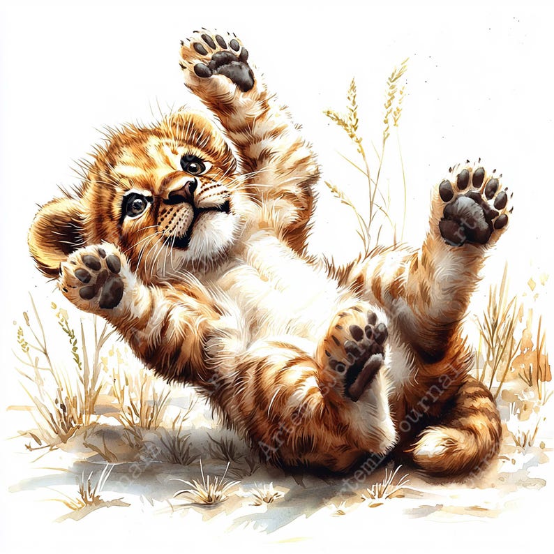 May include: A cute, brown and white striped baby lion cub with black paws is lying on its back with its paws in the air. The cub is on a light brown background with some dry grass.