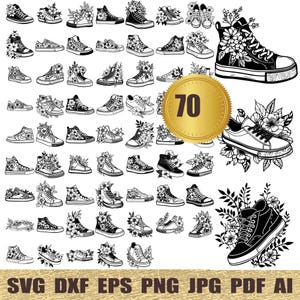 May include: A set of 70 black and white vector illustrations of sneakers with floral designs. The sneakers are high-top and low-top styles. The floral designs are intricate and detailed.