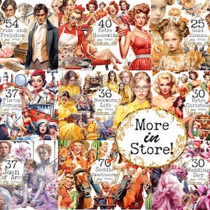 May include: A collage of digital illustrations featuring various vintage-inspired women in different settings. The images are labeled with numbers and titles, such as "Pride and Prejudice", "Retro Housewife", and "Pin-up Voyages". The text "More in Store!" is displayed in a gold-colored circle.