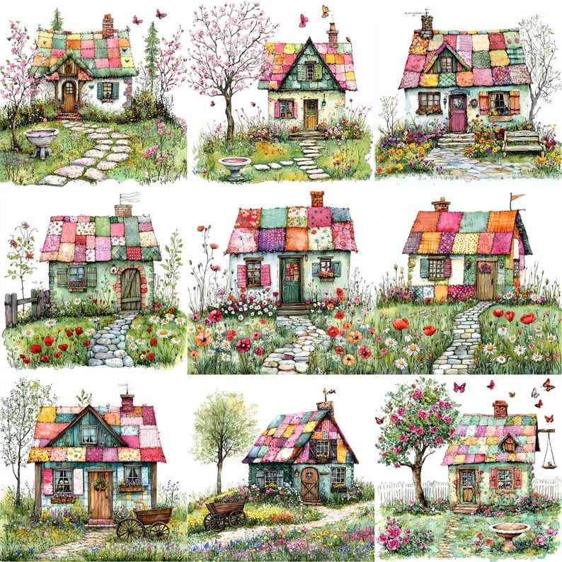 May include: Nine illustrations of colorful, whimsical houses with patchwork roofs. Each house has a small garden with flowers and a path leading to the front door. The houses are surrounded by a white background.