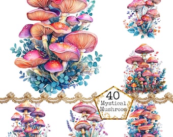 PNG + JPEG Watercolor Magical Mushroom Clipart Bundle Glowing Mushroom Fairy Clipart Instant Download Paper Crafts Junk Journal Scrapbooking