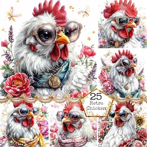 Ensemble de cliparts poulet mignon à la mode, poule avec des lunettes et un chapeau, poulet drôle, téléchargement immédiat, travaux manuels en papier, journal indésirable, Scrapbooking