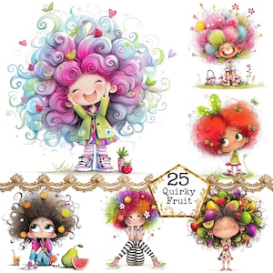 Paquete de imágenes prediseñadas de chica de fruta caprichosa JPEG, imágenes prediseñadas de chica de verano peculiar, gente caprichosa, descarga instantánea, manualidades de papel, diario basura, álbumes de recortes