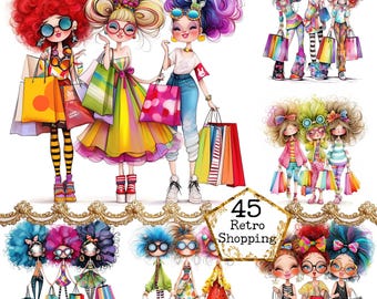 JPG Watercolor Retro Quirky Shopping Girls Clipart Bundle Whimsical Girl Ephemera Art Instant Download Paper Craft Junk Journal Scrapbooking