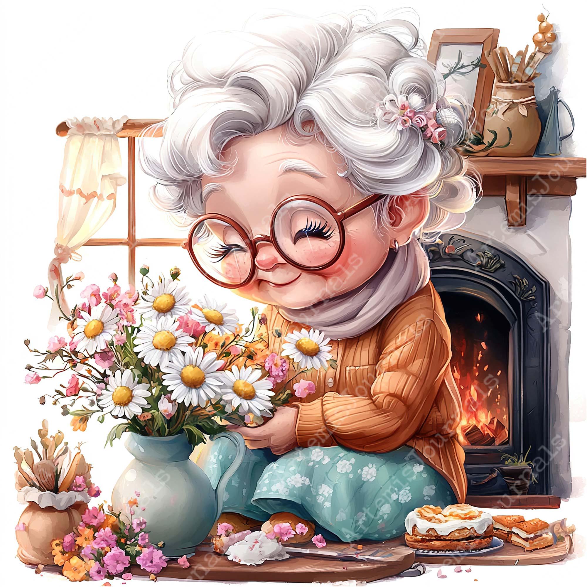 JPEG Watercolor Spring Granny Clipart Bundle Funny Floral Granny Spring ...