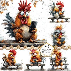 Paquete de imágenes prediseñadas de adicción al teléfono con gallo peculiar en formato JPEG, gráficos divertidos de gallo, descarga instantánea, manualidades de papel, diario basura, álbumes de recortes