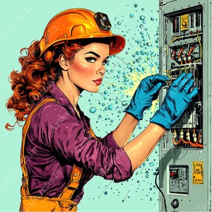 May include: A woman wearing a hard hat and work clothes is working on an electrical panel. She is wearing blue gloves and is holding a wire. The panel is made of metal and has a variety of switches and wires. There are sparks coming from the panel.
