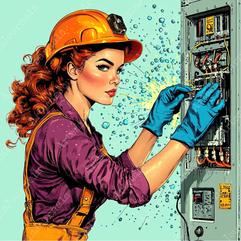 May include: A woman wearing a hard hat and work clothes is working on an electrical panel. She is wearing blue gloves and is holding a wire. The panel is made of metal and has a variety of switches and wires. There are sparks coming from the panel.