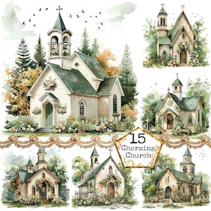 JPEG Watercolor Little Green Church Clipart Bundle Watercolor Chapel Clipart Instant Download Paper Crafts Junk Journal Scrapbooking