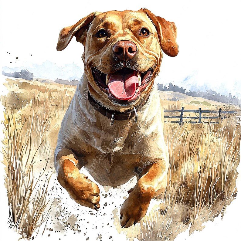 May include: A golden labrador retriever dog runs through a field of tall grass with its tongue out and a happy expression on its face.
