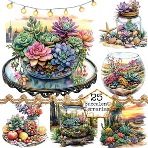 Paquete de imágenes prediseñadas de terrario suculento con acuarela JPEG, imágenes prediseñadas de plantas suculentas, descarga instantánea, manualidades con papel, diario basura, álbumes de recortes