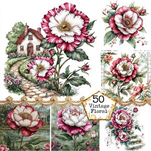 JPEG Watercolor Vintage Spring Flowers Graphic Bouquet Clipart Spring Landscape Image Instant Download Paper Craft Junk Journal Scrapbooking
