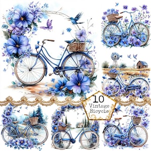 JPEG Watercolor Floral Bicycle Clipart Bundle Purple Flowers Clipart Spring Clipart Instant Download Paper Crafts Junk Journal Scrapbooking