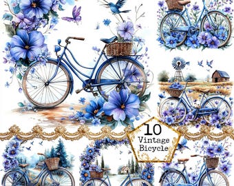 JPEG Watercolor Floral Bicycle Clipart Bundle Purple Flowers Clipart Spring Clipart Instant Download Paper Crafts Junk Journal Scrapbooking